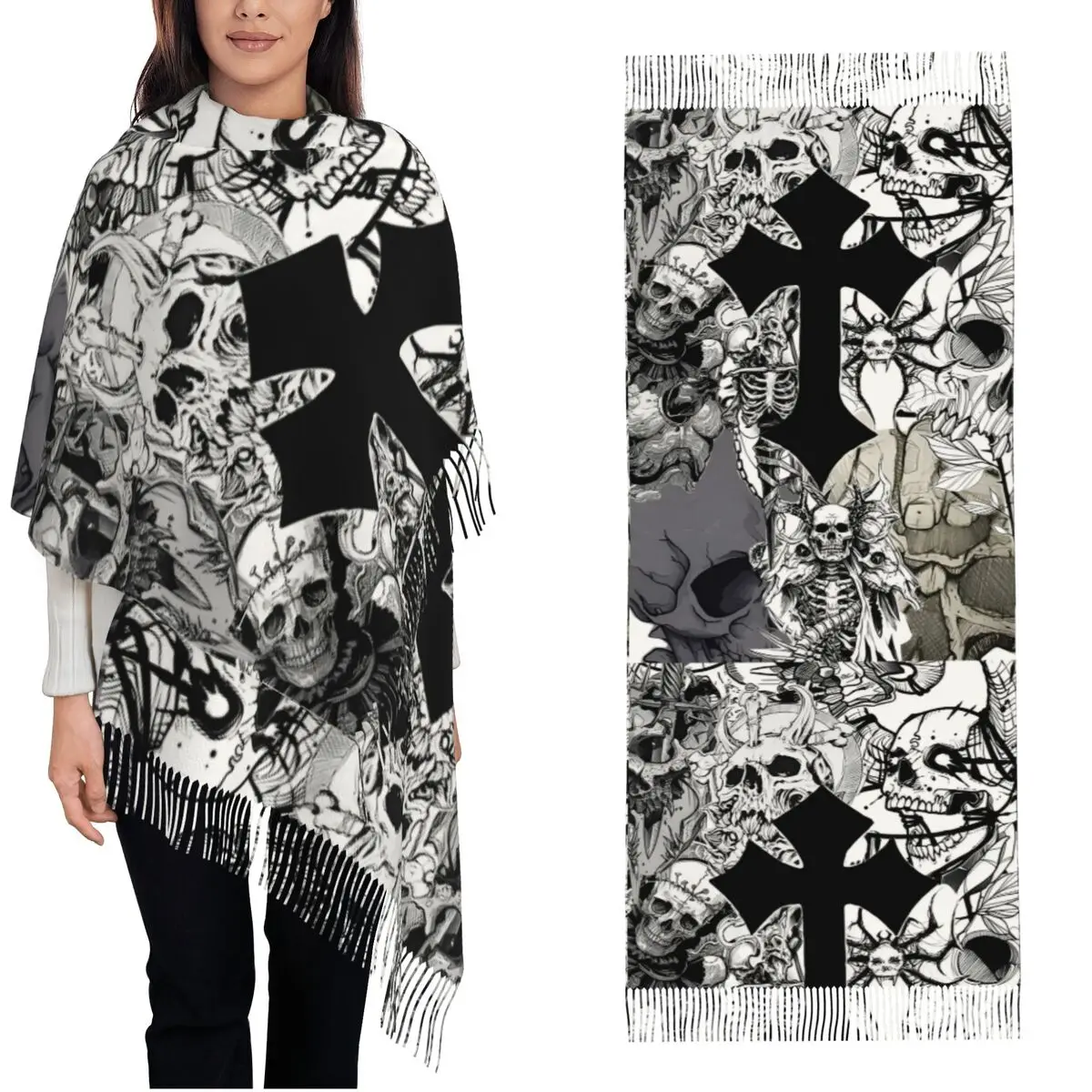 

Шарф унисекс, теплый мягкий темный череп, крест, готическое искусство, большие шарфы с кисточкой, винтажная шаль, зимний дизайн, Bufanda Mujer