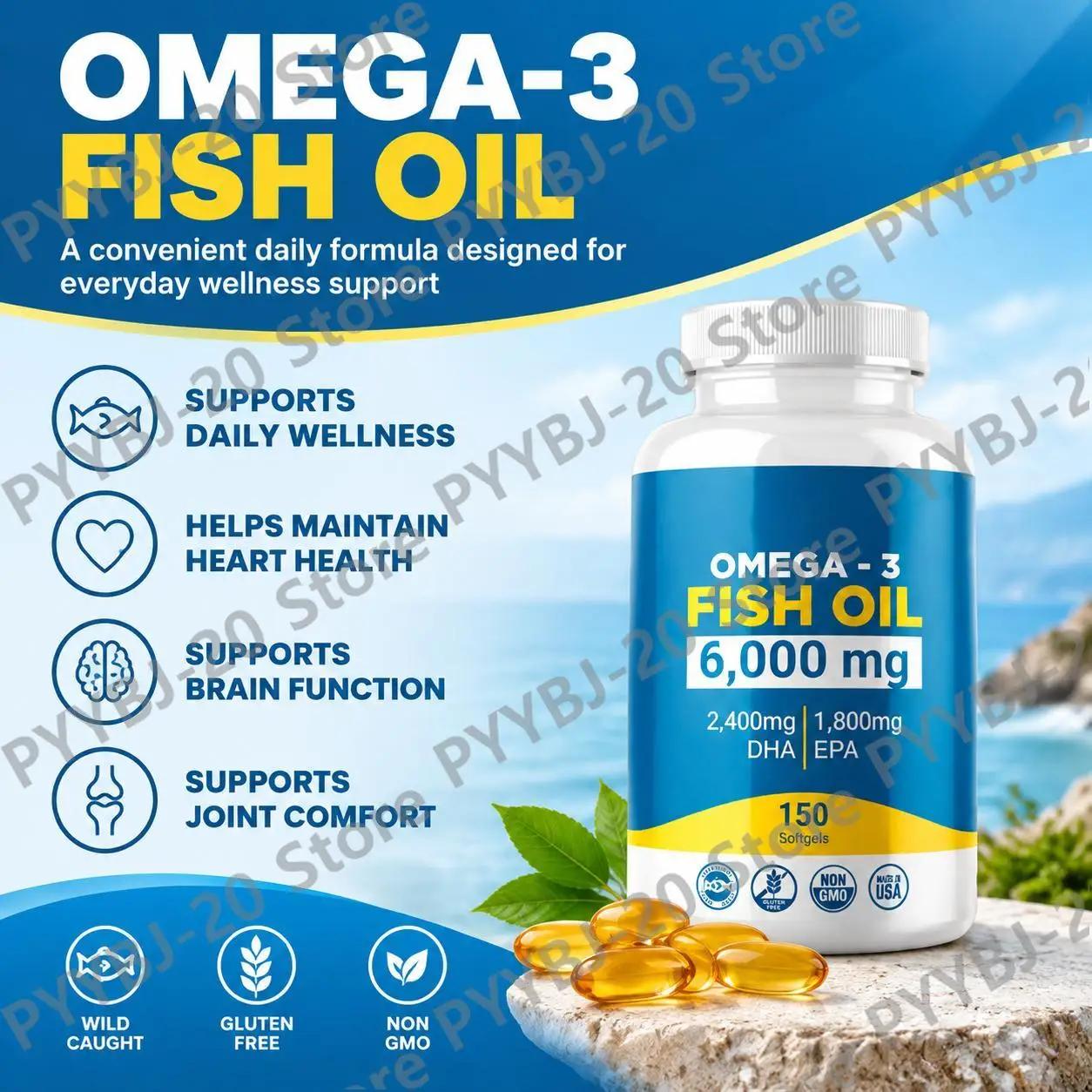 Omega-3 Fish Oil Softgels 6000mg Heart Health Brain Health Joint Support with DHA EPA High Strength Formula Non GMO 150ct