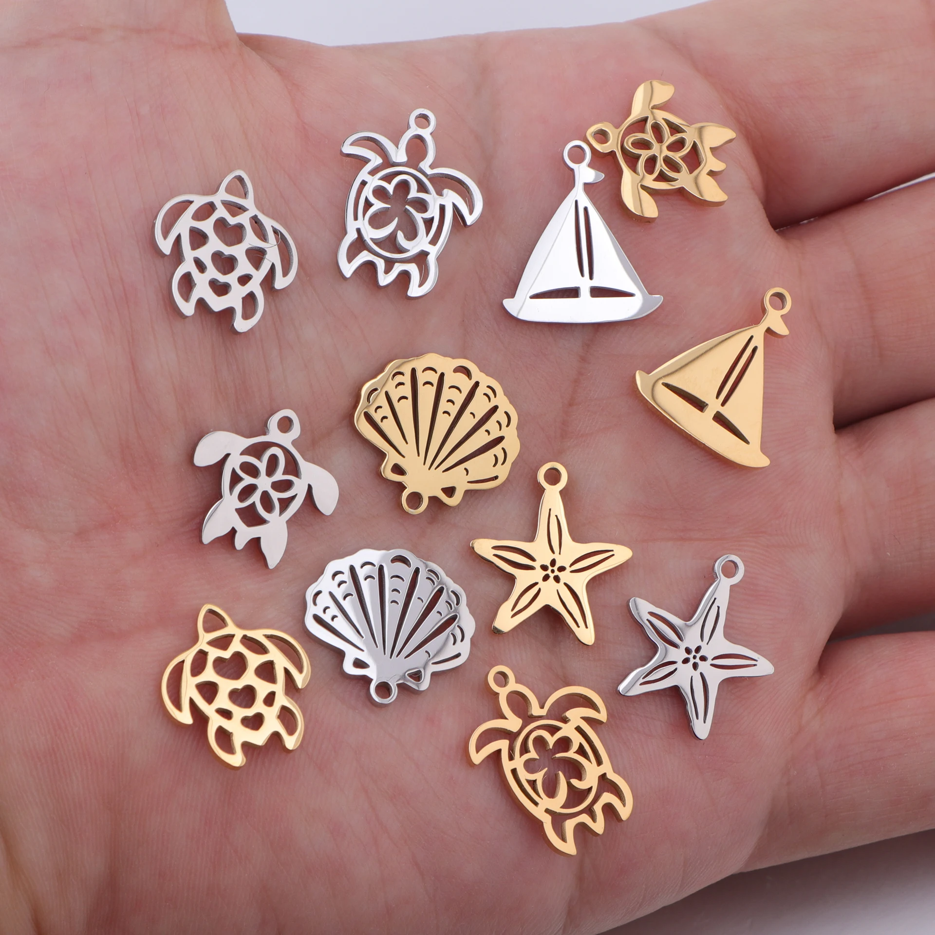 5pcs/lot Mirror Polished Stainless Steel Turtle Shell Starfish Sailboat Tortoise Charms Pendants for DIY Jewelry Making view 4