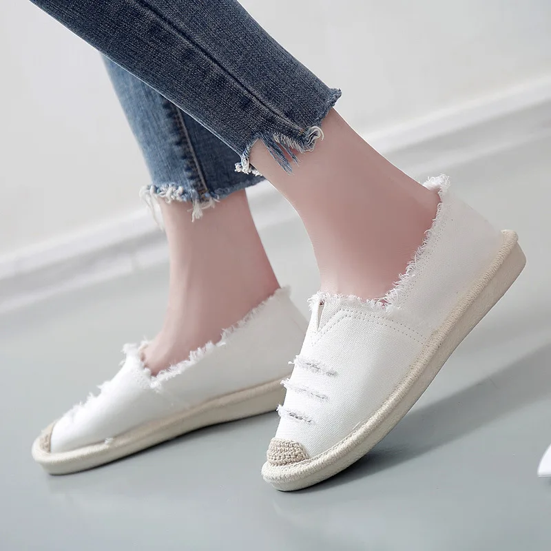 Womens Flat Slip On Canvas Summer Strap Loafers Straw Espadrilles 2022 Ladies Casual Comfort Ripped Slip On Lazy Shoes Female