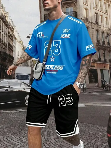 Imagen 2 del producto Venta caliente de verano cómodo de los hombres transpirable cuello redondo camiseta pantalones cortos conjunto con impresión digital al aire libre casual conjunto de dos piezas