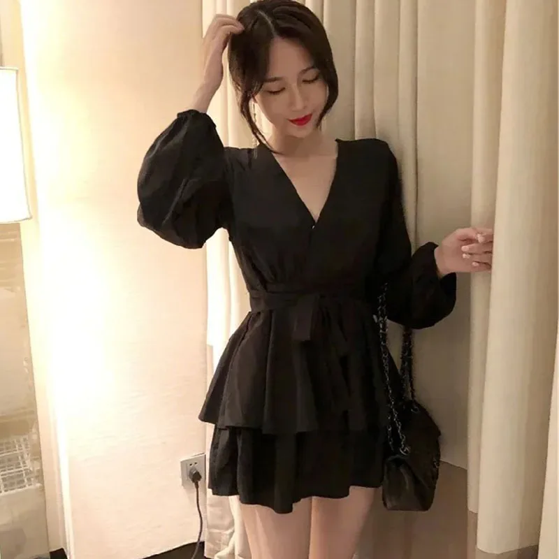 Summer Dresses High-waisted Loose-fit Solid Color V-neck Elegant Long Sleeve Dress Women\'s Slimming A-line Black Wine Red Skirt