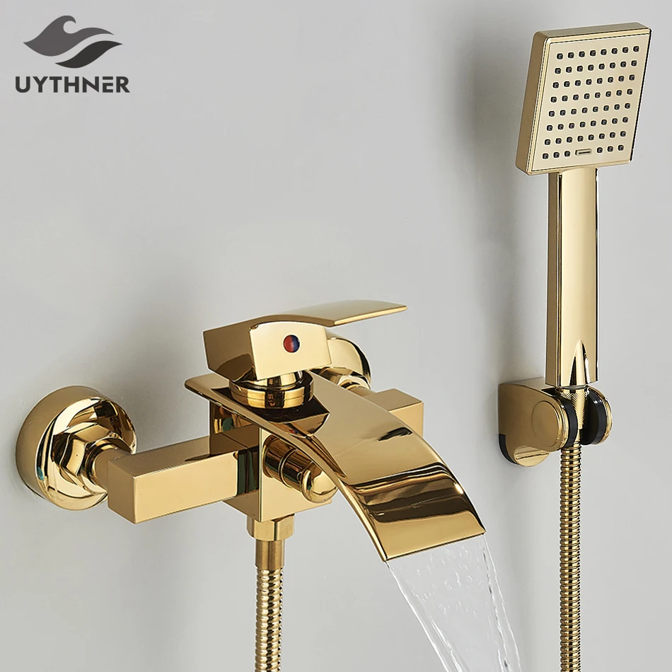 Goud Zwart Bad Kraan Waterval Douchekraan Wandmontage Warm Koud Water Mengkraan Voor Badkamer Chroom Bad Douche Set Systeem