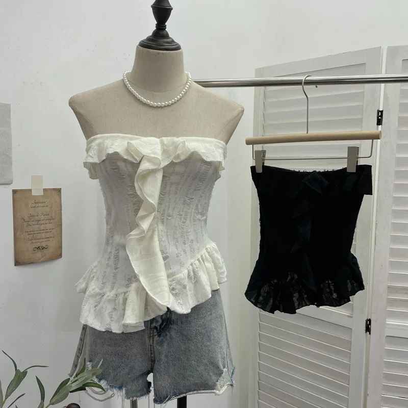 Wasteland Style Strapless Vest With Faded Ripped Design And Irregular Ruffled Edges T-shirt Y2K Spicy Girl Sleeveless Top9228