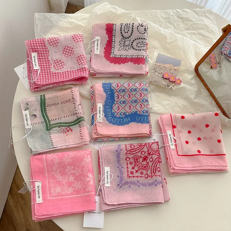 Fresh Breathable Women's Soft Artistic Decoration Small Scarfs Japanese Retro Versatile Floral Cotton Linen Small Square Scarfs