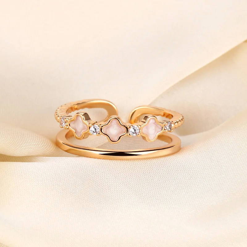 

Open Clover Ring with Mother of Pearl - 18K Gold Plated Stackable Ring for Women, Trendy Adjustable Finger Jewelry, Gift Idea