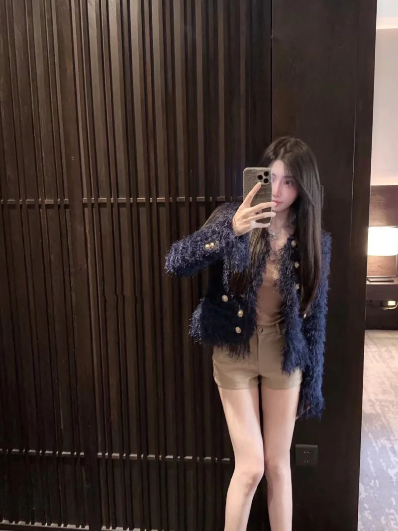  Pad Shoulder Open Cardigan Sweater Women's Fashion Slim Fit Double Row Metal Buckle High End Autumn Outerwear