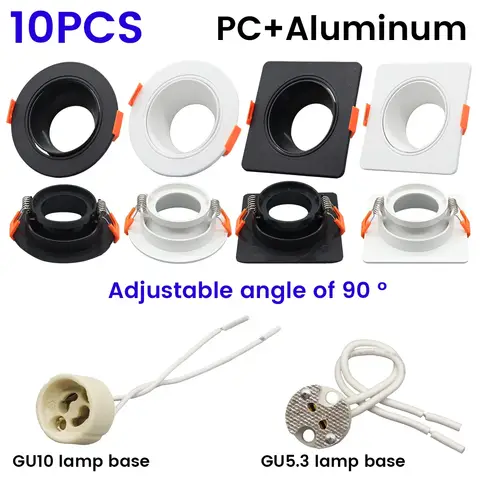 10 peças gu10 gu5.3 base suporte de lâmpada cerâmica kit de holofote de teto ajustável branco preto quadrado redondo kit de luz