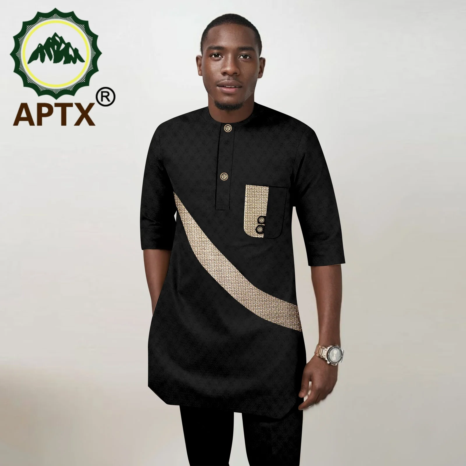 Bazin Riche Attire New Fashion African Clothing for Men O-neck Shirt with Pocket Full Length Pants Wedding Party Gown 2416097