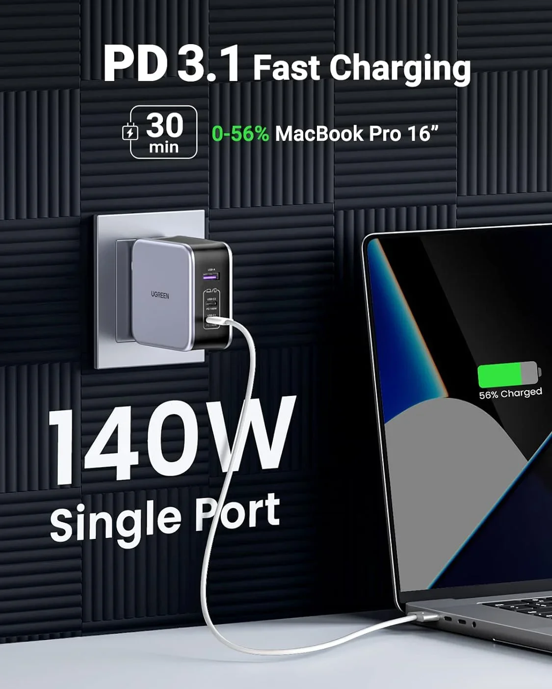 For UGREEN 140W USB C Charger,  Book Pro Charger Nexode PD3.1 PPS 3-Port Foldable GaN Fast Laptop Wall Charger Power Adapter