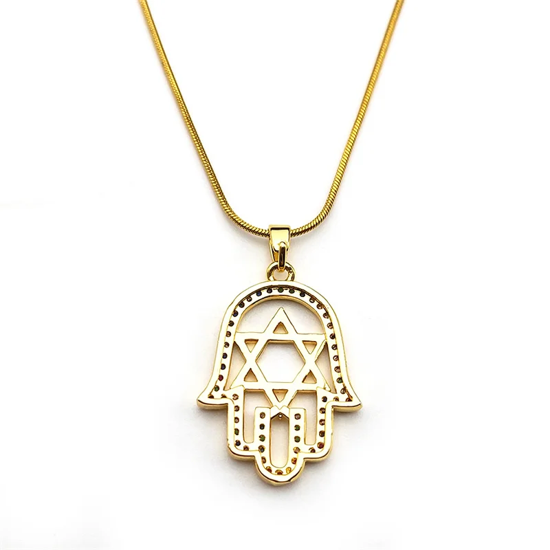 Bunte Kristall-Davidstern-Hamsa-Hand-Kupferanhänger-Halsketten für Damen, Edelstahl-Fatima-Hand-Amulett-Schmuckgeschenk ﻿ – Detail 8