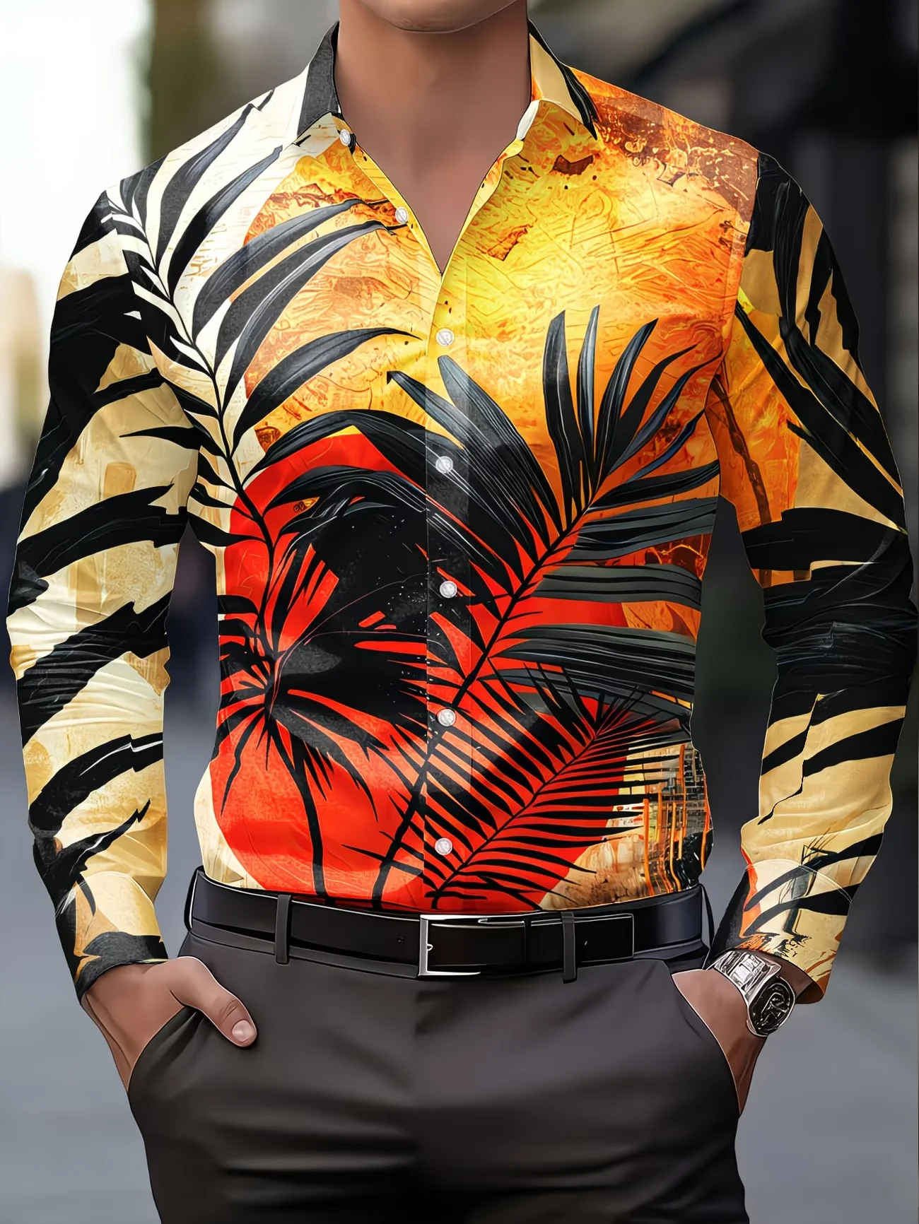 

New color blocking tropical palm leaf print men's long sleeved shirt Hawaiian vacation style casual flower shirt