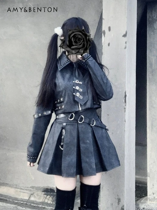 

Original Subculture Gothic Matte Pu Leather Skirt Sets Japanese Street Punk Style Pin Tie Jacket Pleated Skirt Two-piece Set