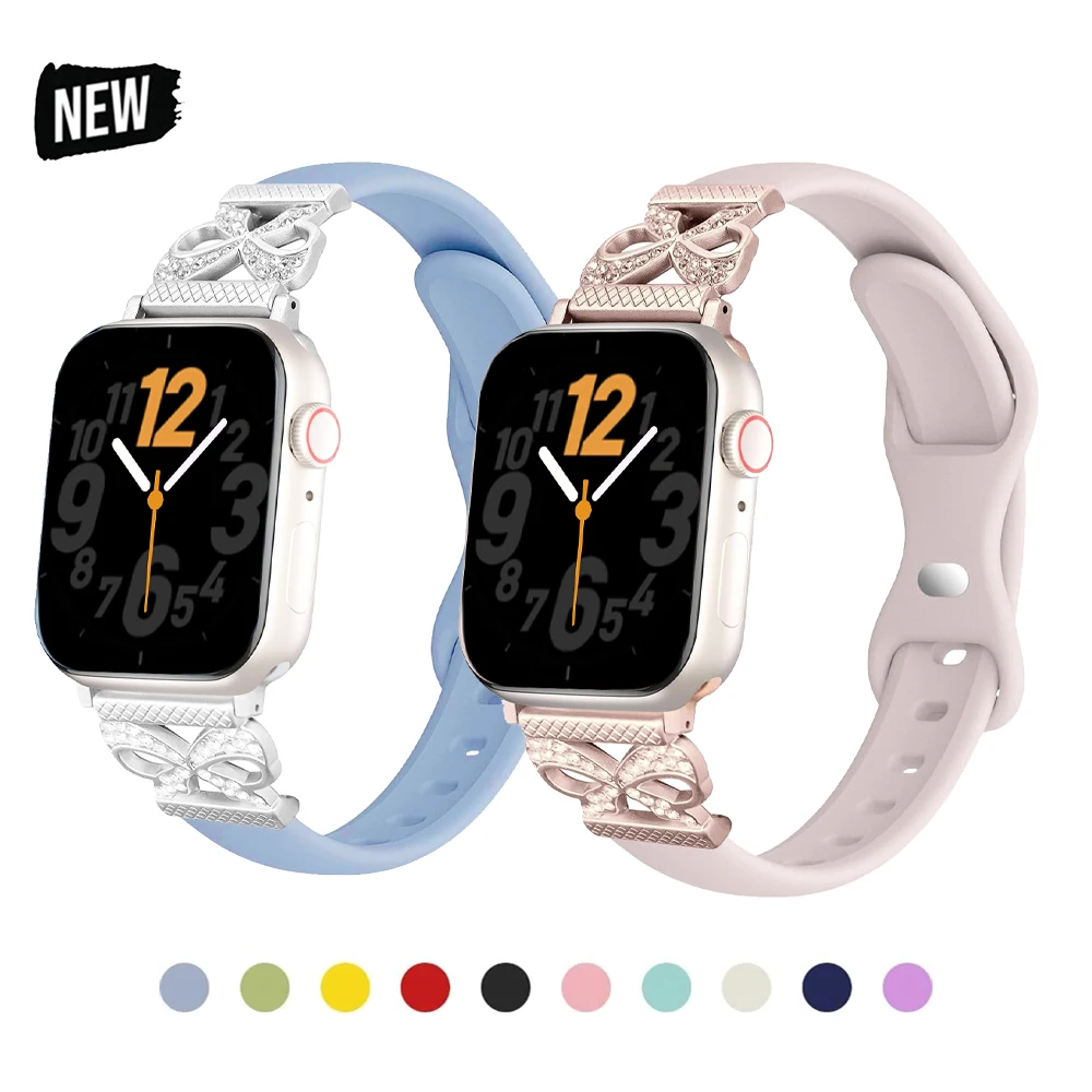 Luxury Butterflyclasp diamond-studded silicone strap,suitable for 38-49mm smartwatches Compatible for Apple Watch Series SE/1-11
