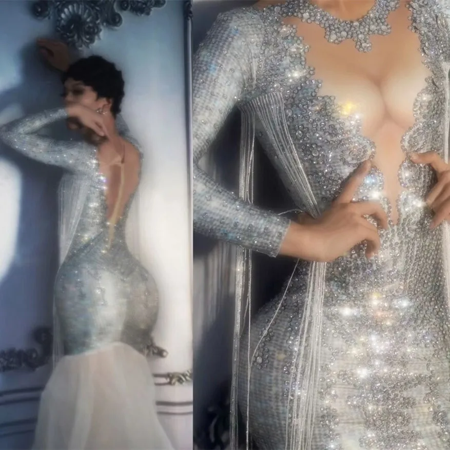 Luxe Avondfeest Prom Vieren Steentjes Vloerlengte Jurk Vrouwen Banket Fotoshoot Dragen Stage Performance Kostuum