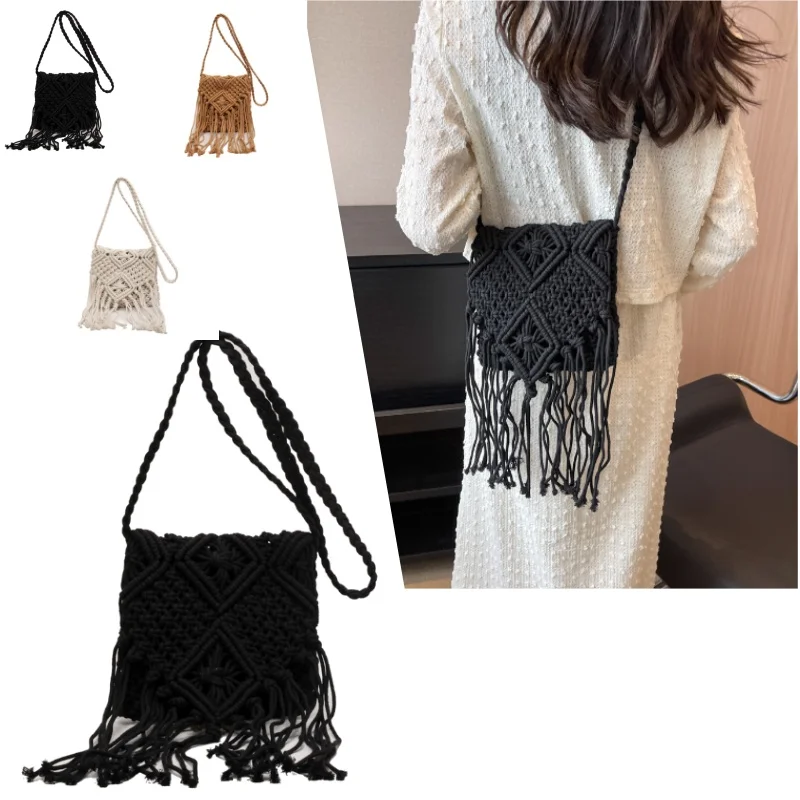 

Плетеная соломенная сумка-кроссбоди в стиле бохо с кисточками, ажурная, хлопковая, летняя, пляжная, дорожная, легкая женская сумка-мессенджер через плечо