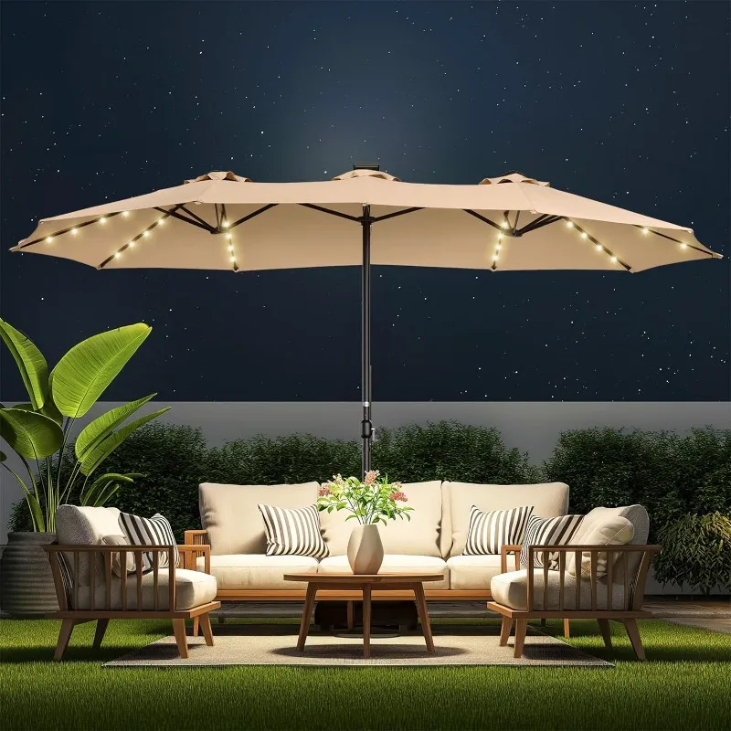 

Double Sided Patio Umbrellas - 15ft Solar Lights LED Lighted Outdoor Extra Large Market Table Umbrella with Base Included