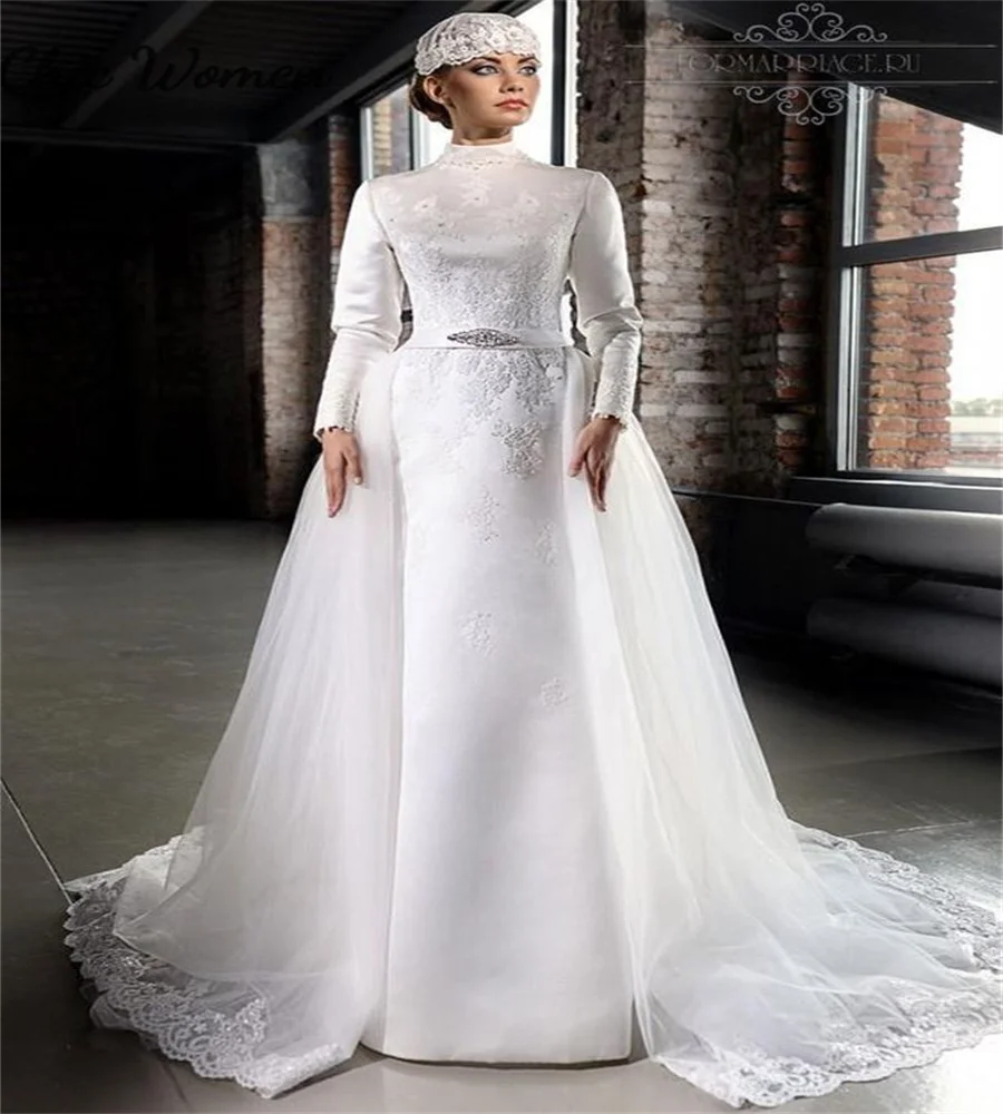 Modern Muslimah Islamic Wedding Dress 2024 High Neck Long Sleeve Pagan Arabic Bridal Gowns With Overskir Train Lace Church Bride