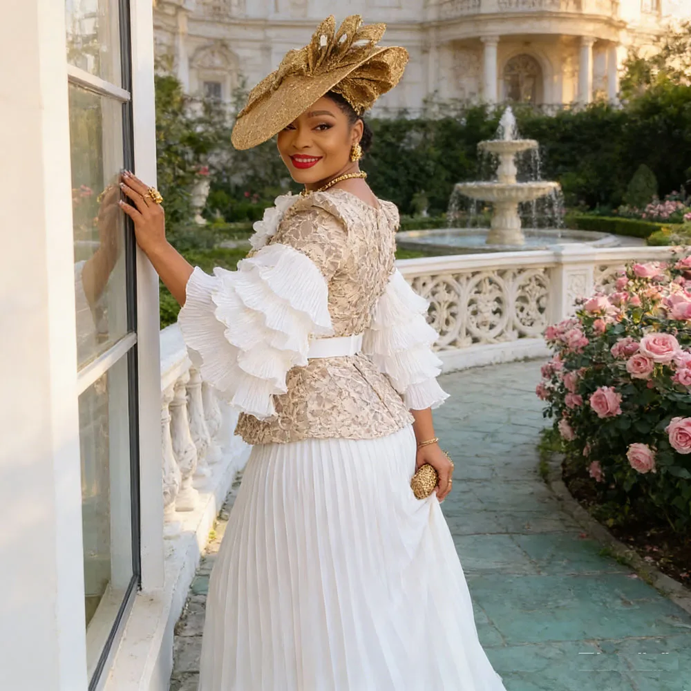 

Women Party Evening Dresses 2PCS Set Tops And Skirts Ruffle Sleeve Bodycon Robe African Dashiki Outfits Wedding Prom Gown Dress