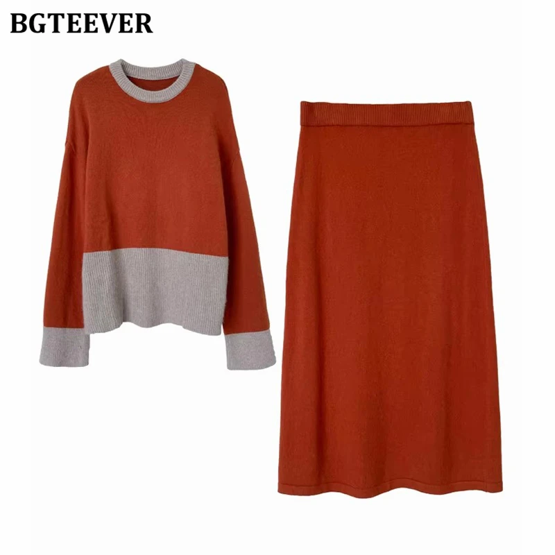 BGTEEVER Elegant Ladies 2 Pieces Knitted Skirt Set Patchwork Sweaters & Elastic Waist Straight Skirts Winter Sweater Set Women
