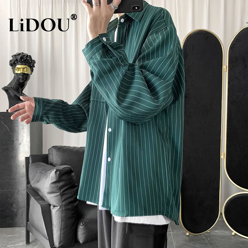 Spring Autumn Fashion Temperament Stripe Simple Shirt Man Loose Long-sleeve Casual Male Blouse Vintage Chic Streetwear Clothes