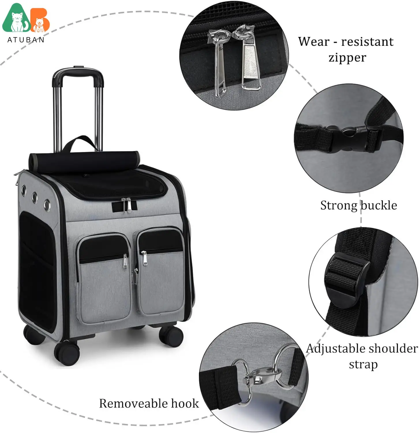 Imagem -04 - Mochila Atuban-wheeled Pet Carrier Respirável Rodas Dobrável Mochila para Cães Pequenos Gatos Cachorro