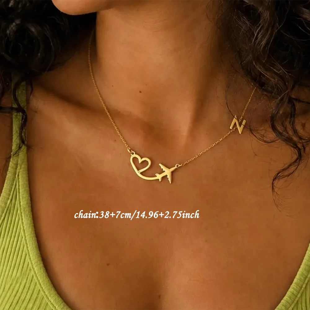 Personalized Heart Airplane Initial Pendant Necklace For Women Custom Letter Stainless Steel Jewelry Mama Birthday Christmas view 4