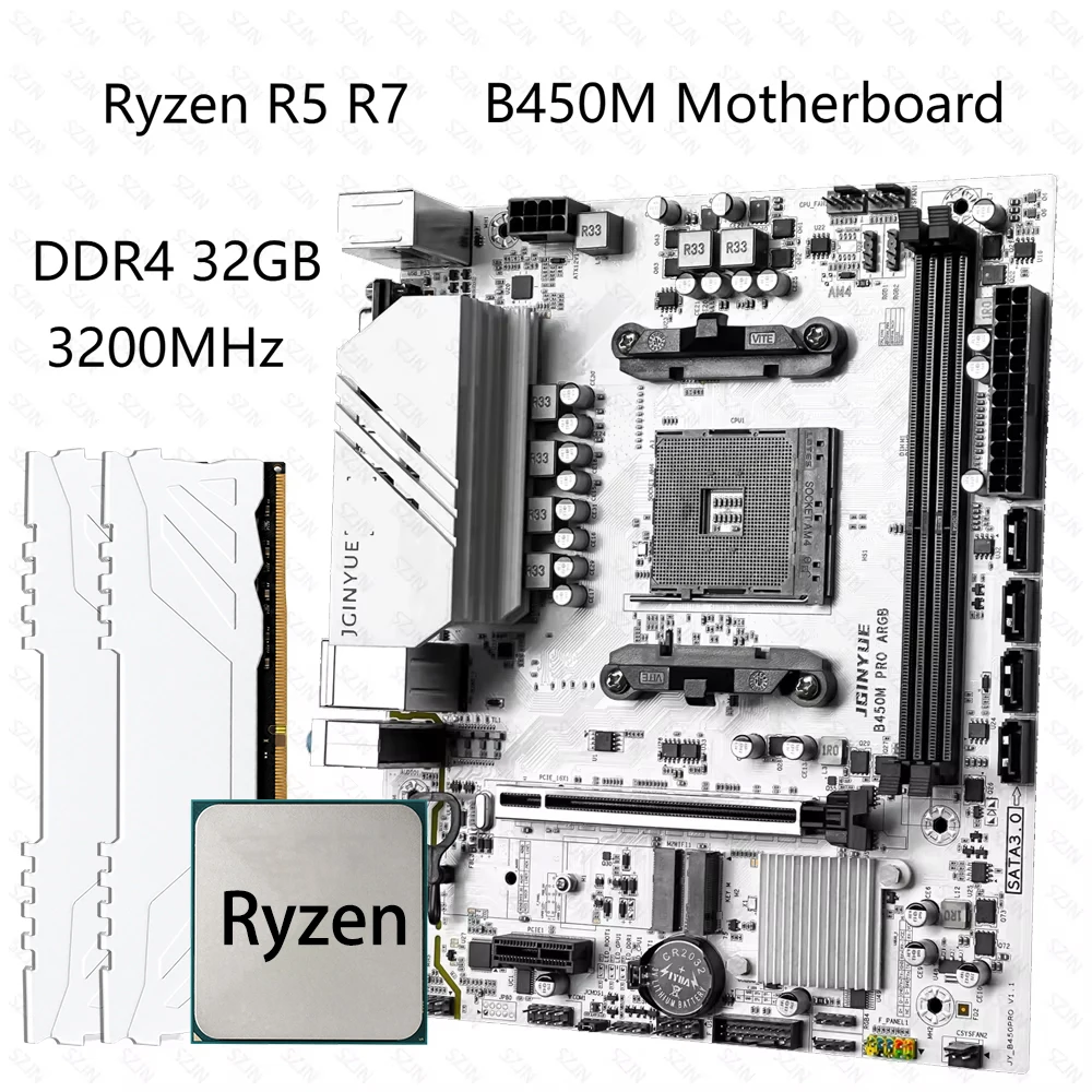Zestaw płyt głównych JGINYUE B450M z procesorami Ryzen R5 R7, obsługą pamięci 32GB DDR4 3200 Dual Channel, obsługą dysków M.2 NVME, 4x ARGB, zestaw do gier.