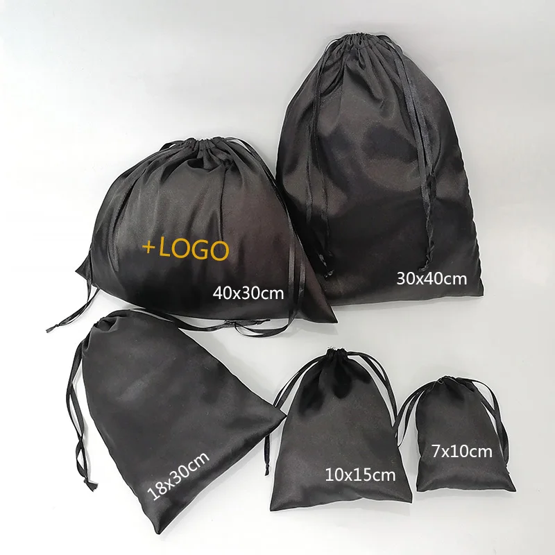 

50P Smoothly Satin Hair Bag Drawstring Gift Pouch Wigs/Makeup/Wedding/Jewelry/Shoes/Clothes Dust Packaging Bag Custom Logo