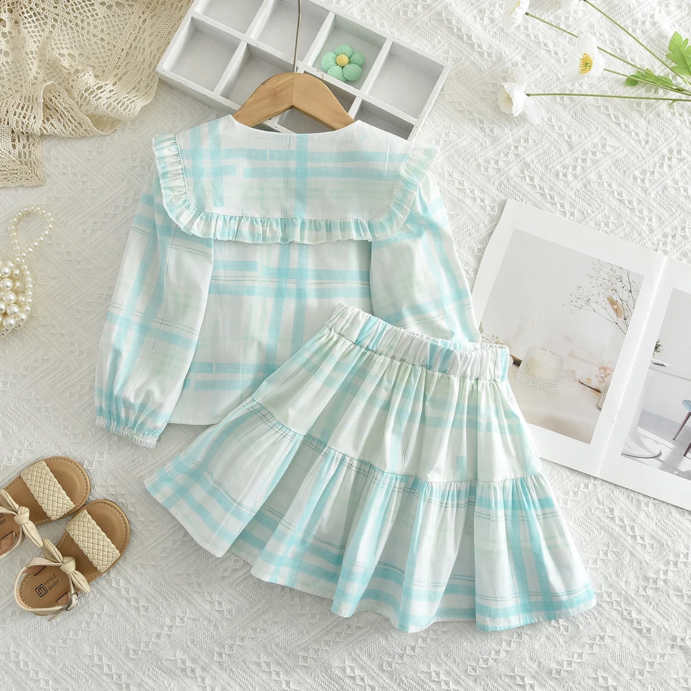 Frühling/Sommer Koreanische Version Kariertes Bedrucktes Kinderoutfit Mädchen Baumwollkleidung Herbst Langarm-Shirt Top+Kurzer Rock – Detail 30