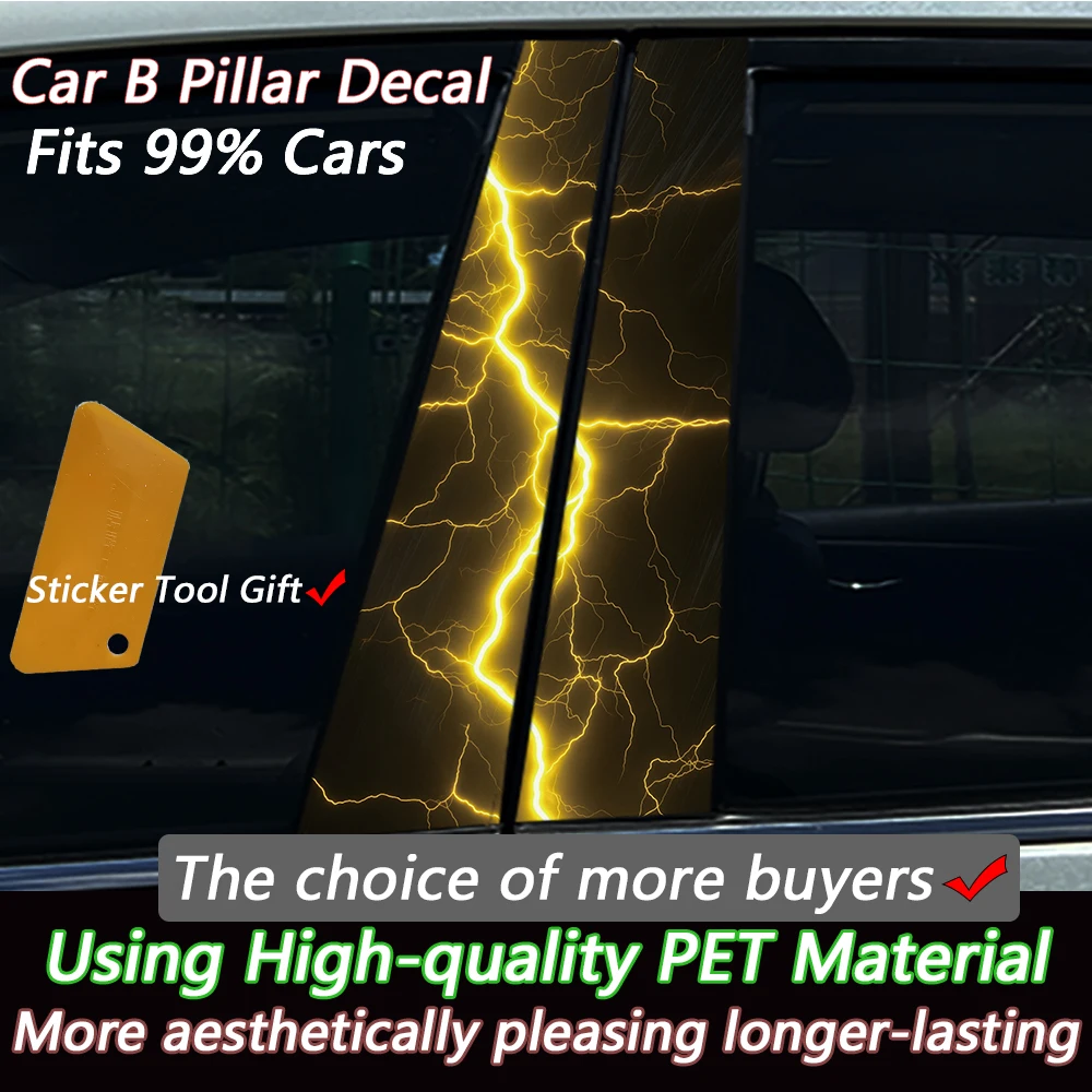 2PCS Golden Lightning Car B Pillar Sticker Waterproof PVC Decal Anti-Scratch Door Column Cover for Universal Vehicles