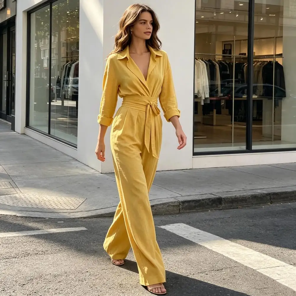 One Piece Outfits Women Wide Leg Jumpsuits Women V Neck Jumpsuit with Belt Collared Long Sleeve Romper Solid Color for Dressy