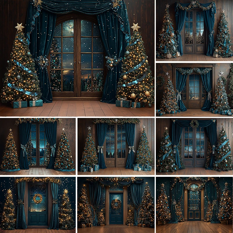

LS Cheerful Festivity Xmas Holiday Backdrops Adult Portrait Kids Girl Photocall Blue Curtain Window Living Room Background