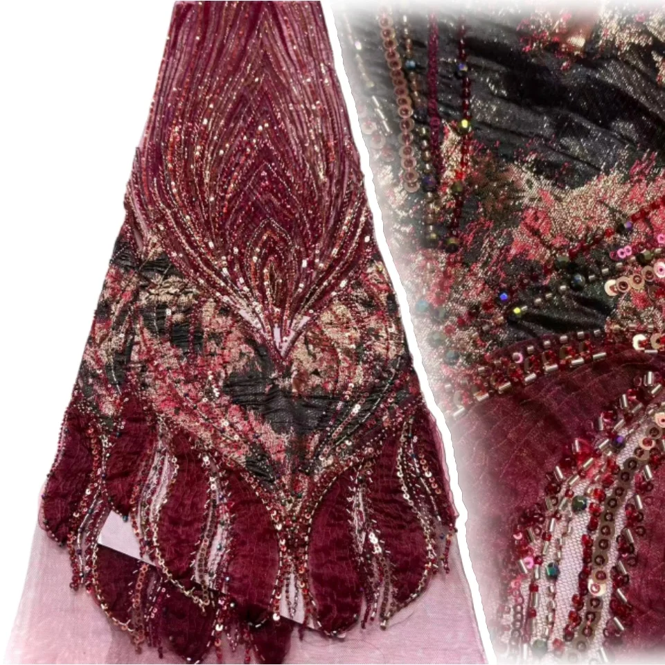 

Latest African Sequins Lace Fabric 2026 High Quality Lace Embroidery Beaded Mesh Fabric 5 Yards for Women Party Dress SZ1952