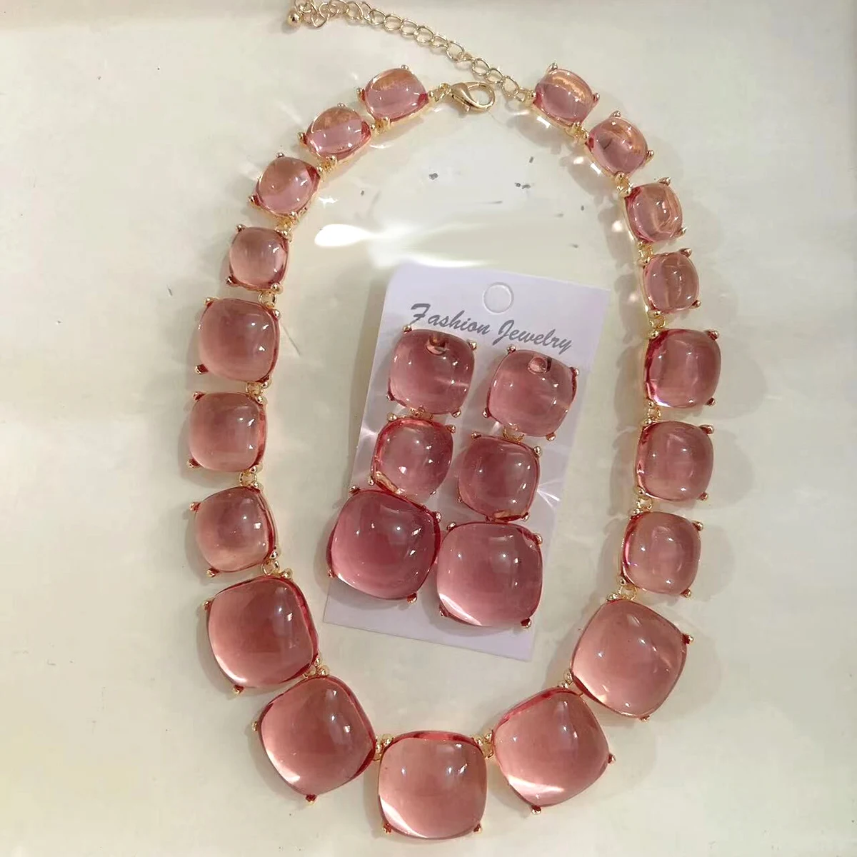 Vedwas Alloy Inlaid Resin Necklace Geometric Square Persian Ethnic Holiday Style Jewelry Necklace Earrings Set