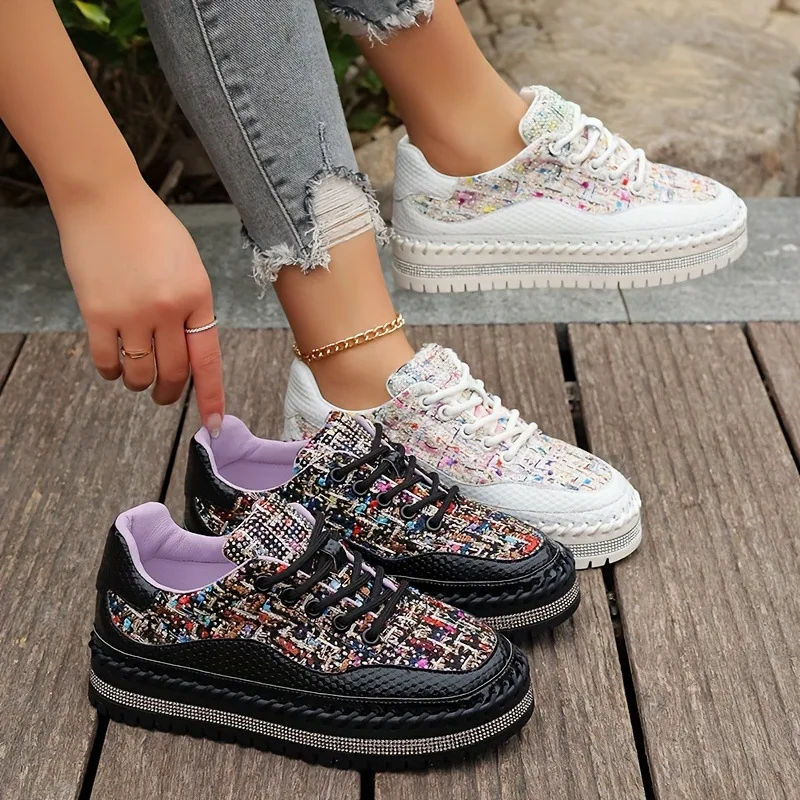 

Women's Diamond Platform Shoes Fashionable Color Matching Round Toe Casual Shoes Large Size Lace-Up Walking Chunky Sneakers