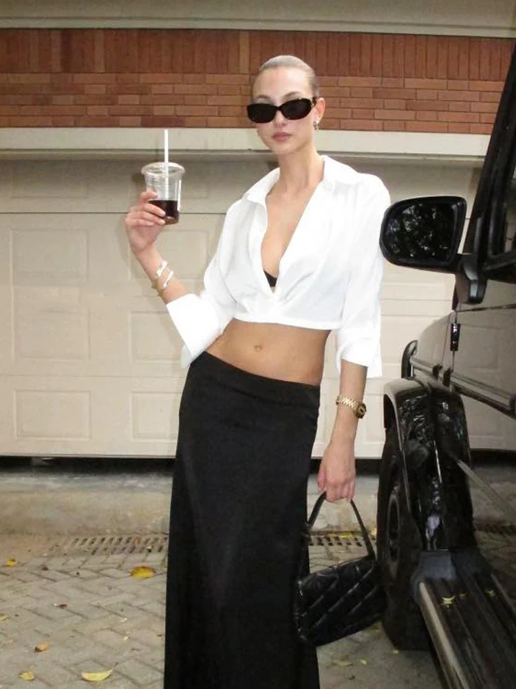 

Fashion Solid Cropped Shirt Women Elegant Lapel Long Sleeve Single-breasted Slim Short Blouse 2026 Summer Lady High Street Top
