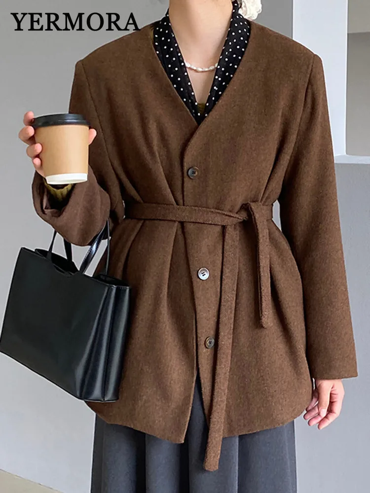 

YERMORA Brown 30%wool Belted Casual Blazer For Women V-neck Long Sleeve Loose New Jacket Fashion Tide Autumn Winter 2025