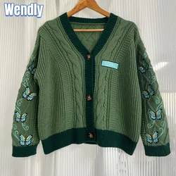 Dark Green Cardigan with Butterfly Embroidered Female Autumn Winter Letter Patch Knitted Cardigan Women 2024 New Sweaters Tops