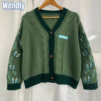 Cardigan vert foncé avec papillon brodé pour femme, Cardigan tricoté avec Patch de lettres, nouveaux pulls, automne-hiver, 2024