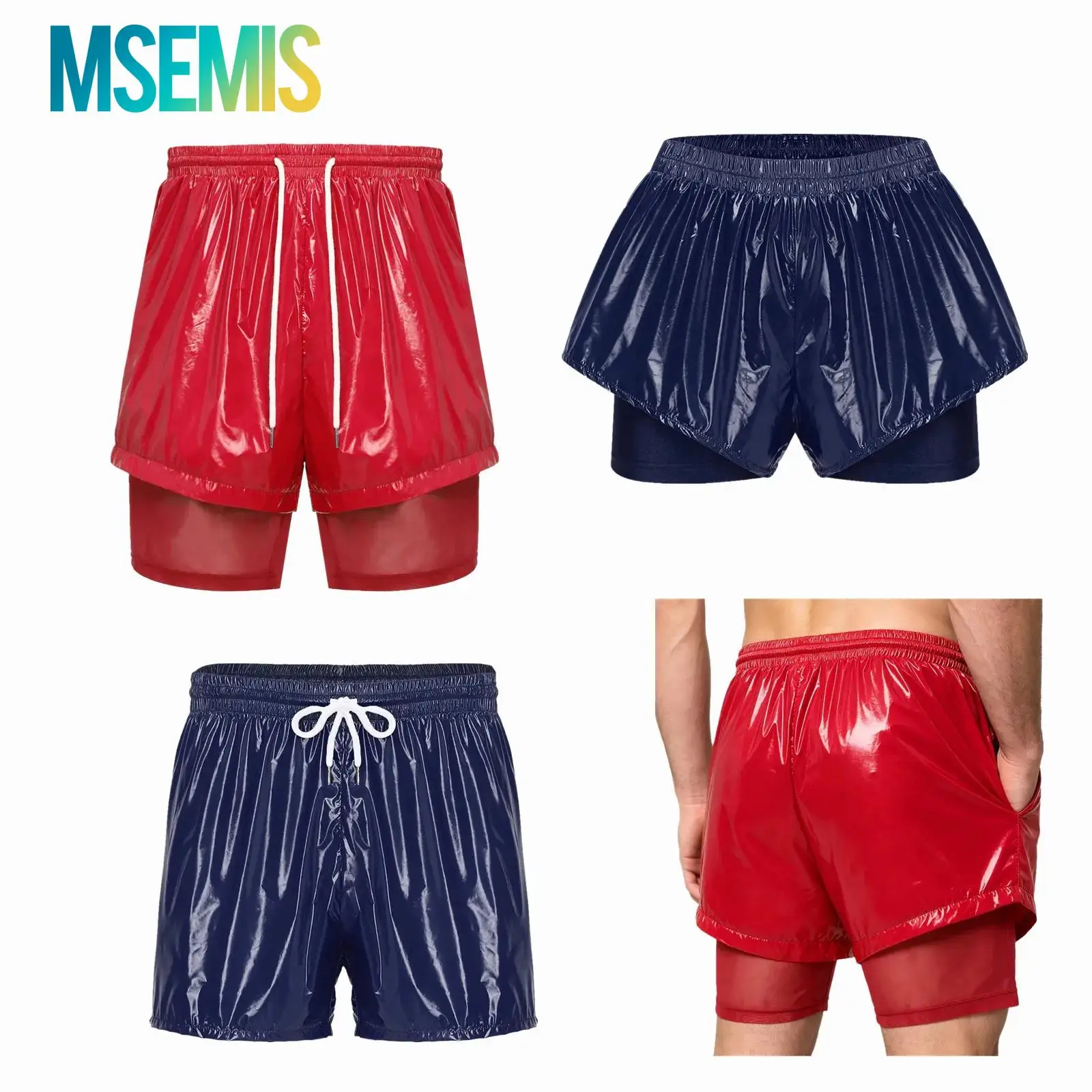 

Swimwear Men Swimsuit 2-in-1 Sport Shorts Swimming Trunks Drawstring Mesh Liner Waterproof Double Layer Shorts with Pockets