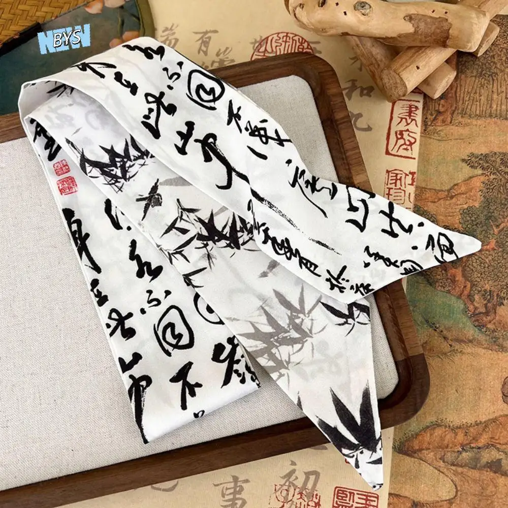 Элегантный длинный шелковый шарф с рисунком тушью