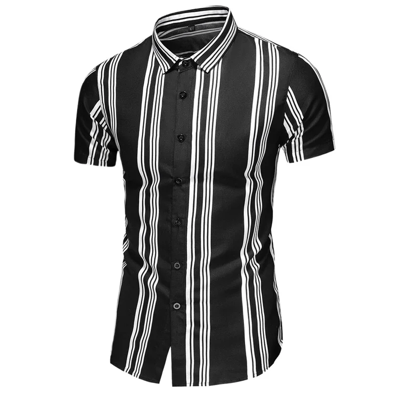 

Men Clothing Button Up Striped Shirts Business Workwear Korean Short Sleeve Cardigan Hawainas Camisas Hombre Mens Camisetas Tops