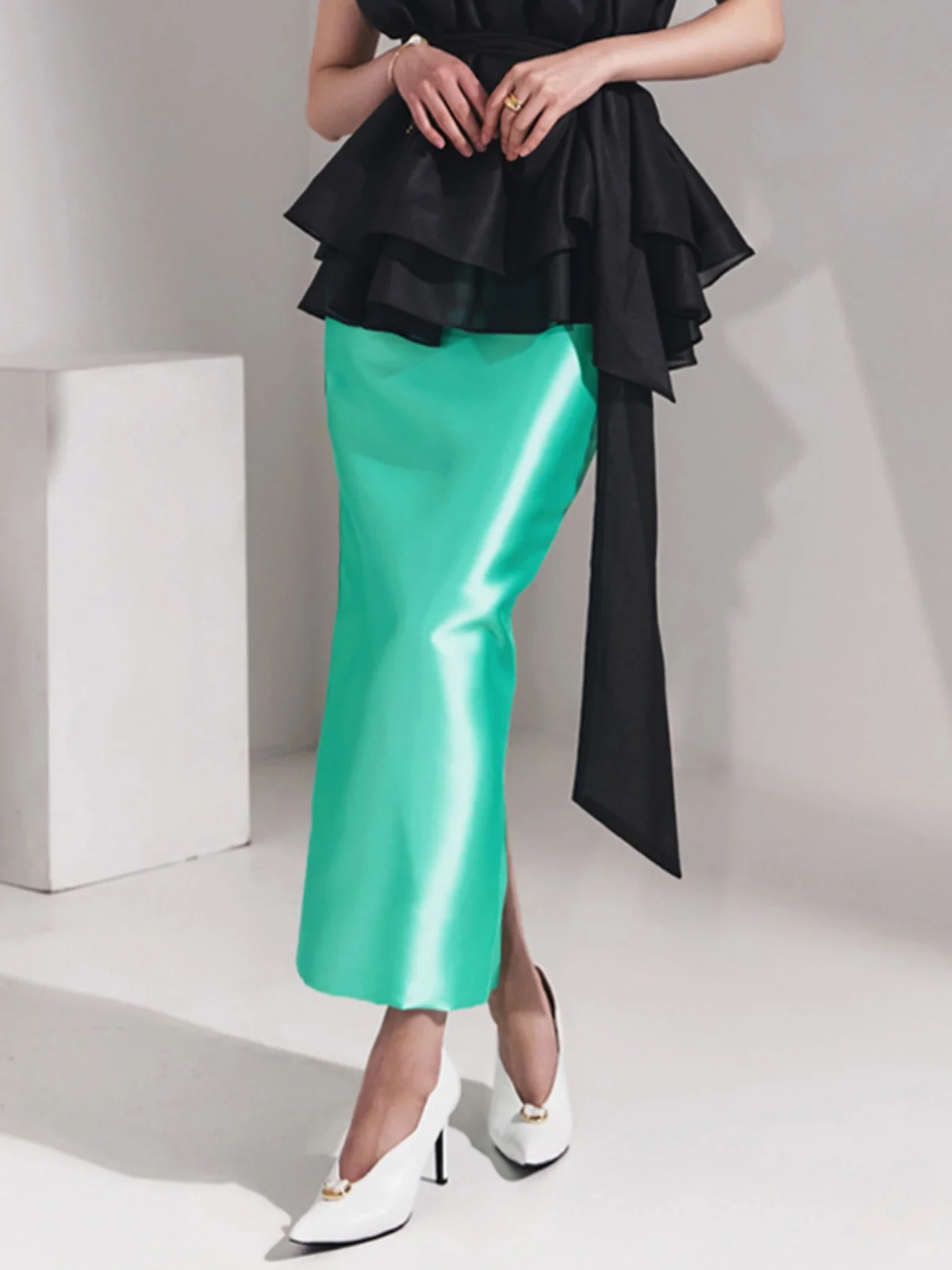 

Ele High Waist Satin f Skirt Midi Length Versatile Ci Commute Polyester Fiber Woven H-ape Skirt for Women