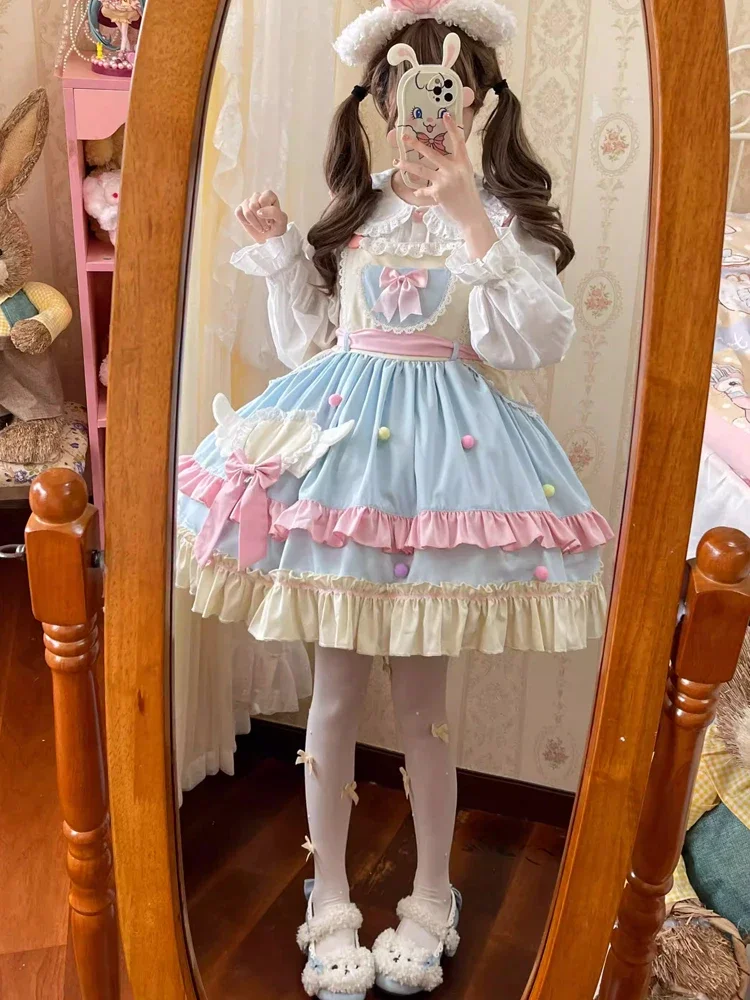 Kawaii princesa doce lolita a linha babados vestido cor contrastante arco manga cheia renda feminino querida vestidos jsk