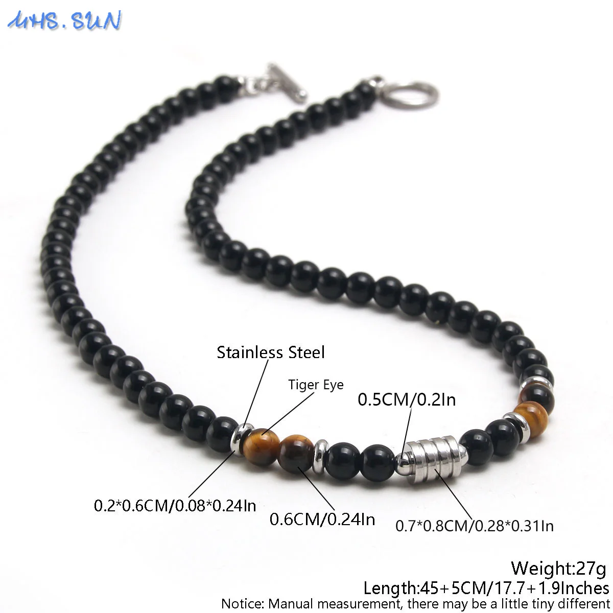 MHS.SUN Fashion Stainless Steel Necklace Black Beaded Natural Stone Handmade Clavicle Chain For Men Women Party Jewelry