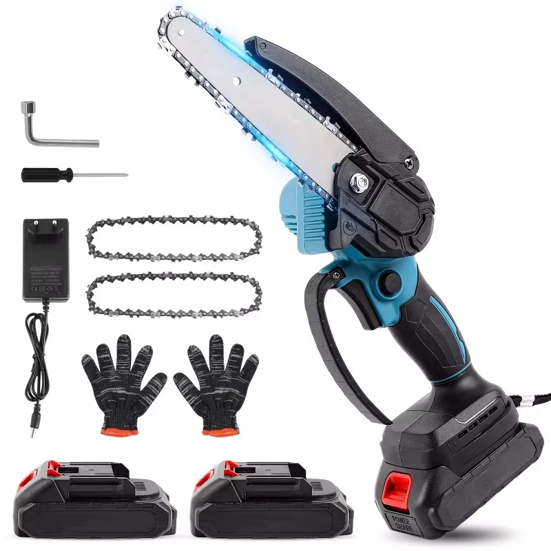 Mini motosega motosega a batteria da 6 pollici, 18 V con 0-130 ° Deflettore protettivo girevole, impugnatura comoda, motore robusto per la rifinitura degli alberi