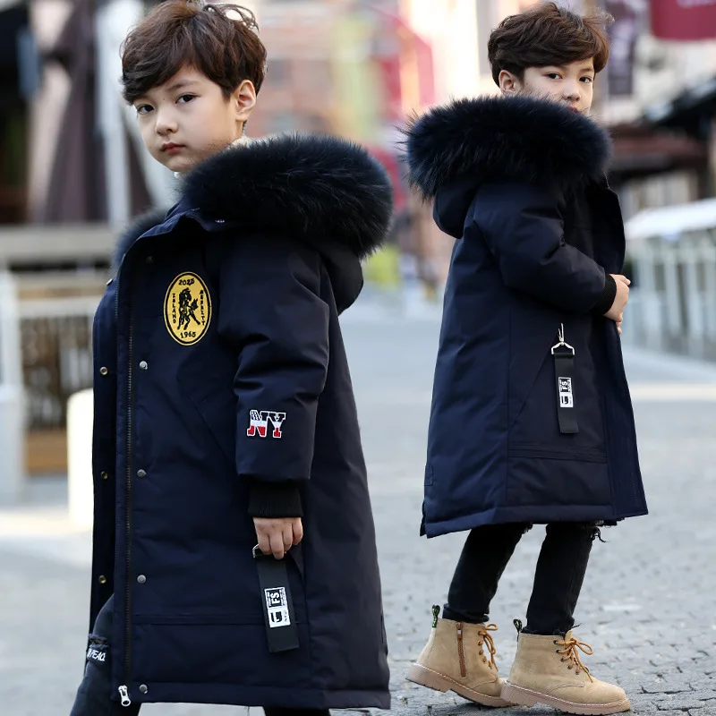 RAISE -20 Degree Russia Down Jacket For Children Boy Faux Fur Hooded Puffer Jacket Coat For Teens Boy Sticker Kids Boy Outerwear