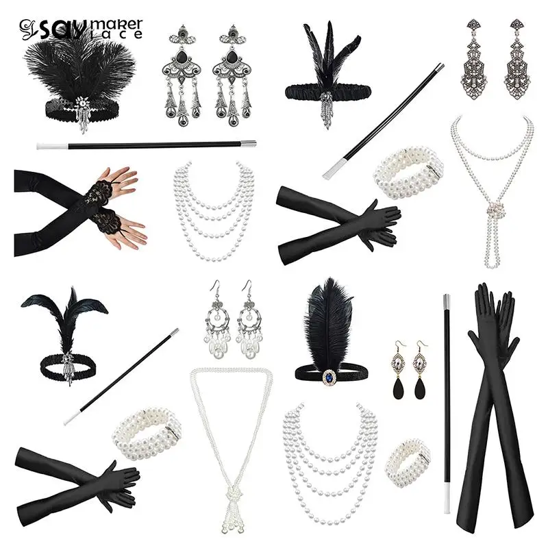 

1Set 1920's Cosplay Flapper Halloween Charleston Costume 1920s Gatsby Accessories Black Headpiece Great Gatsby Feather Headband