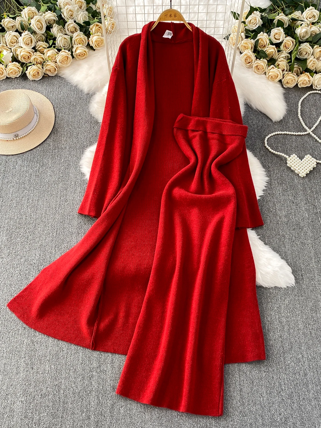 

Laid-ba Sle Knitted Cardigan Coat Medium Length Elastic Waist Slimming Tube Dr Set Winter Warm Thiened V-ne Casual...